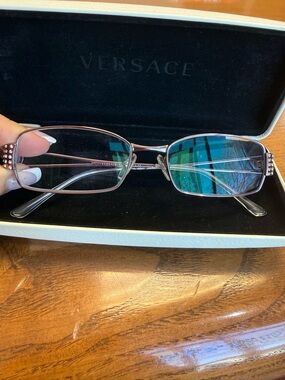 Versace Rose Gold Rectangular Eyeglasses with Crystal Accents